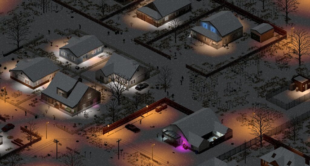 Project Zomboid – Verschneite Siedlung bei Nacht mit beleuchteten Häusern