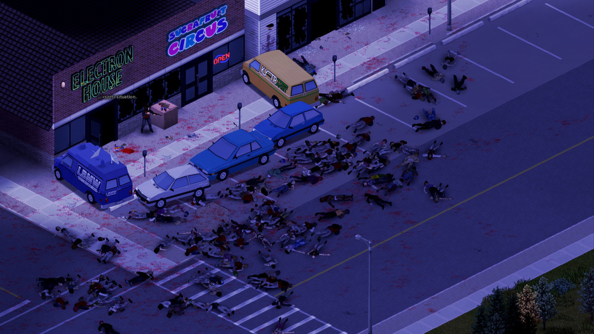 Project Zomboid – Straße voller toter Zombies vor einem Kino