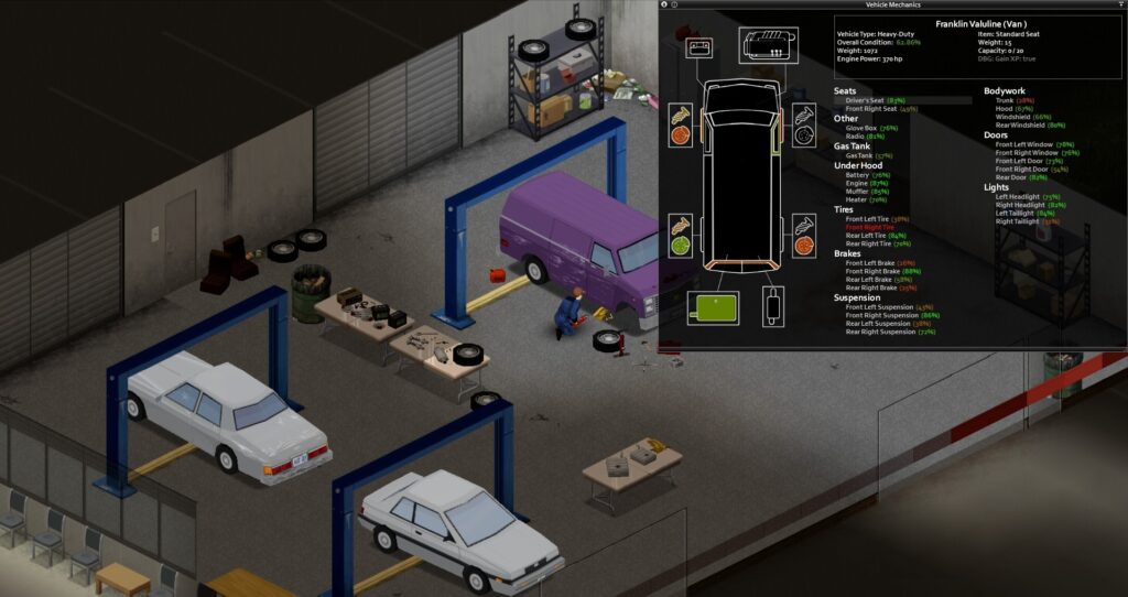 Project Zomboid – Autowerkstatt mit Fahrzeug-Menü und Hebebühnen