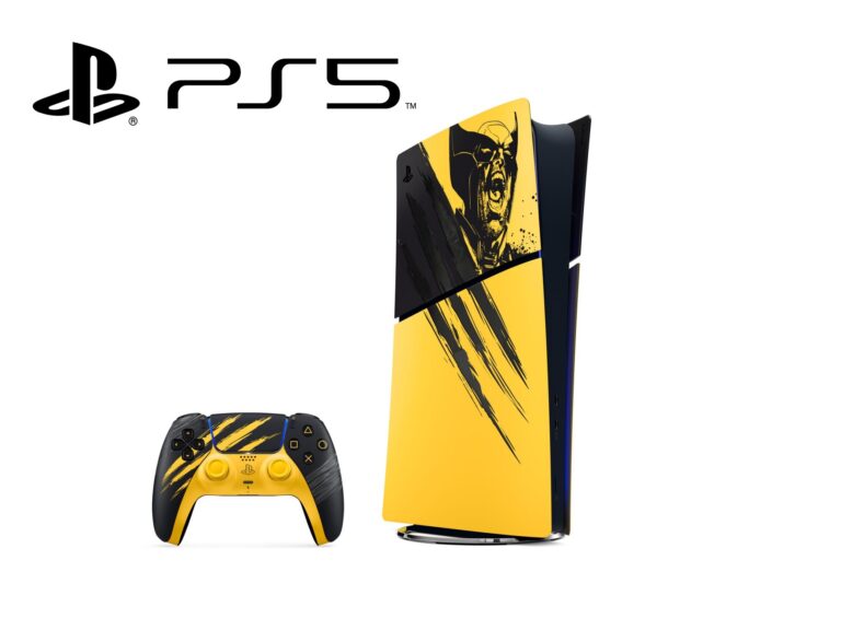 PlayStation 5 Digital Edition im gelb-schwarzen Marvel’s-Wolverine-Design mit passendem DualSense-Controller und PS5-Logo