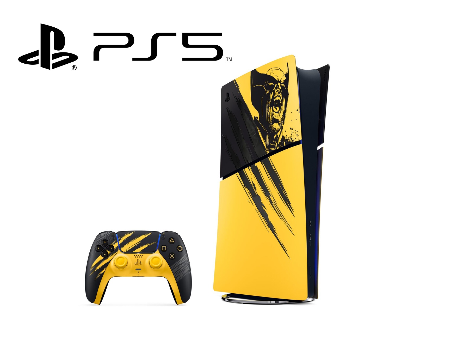 PlayStation 5 Digital Edition im gelb-schwarzen Marvel’s-Wolverine-Design mit passendem DualSense-Controller und PS5-Logo