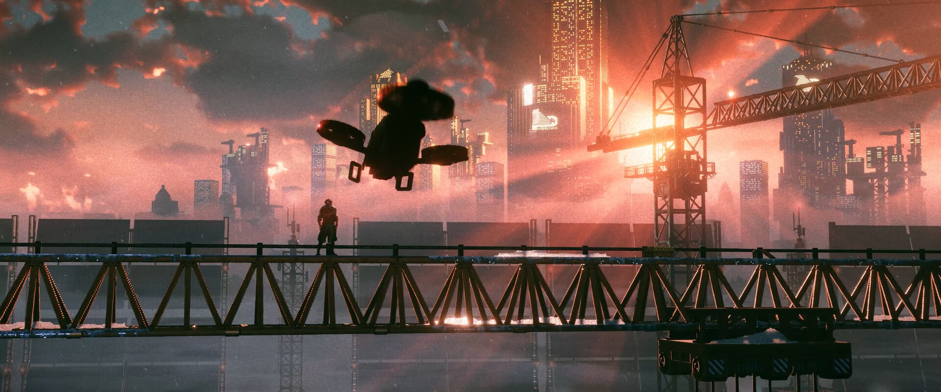 REPLACED – Figur auf einer Brücke vor Kränen und Skyline, darüber eine Drohne