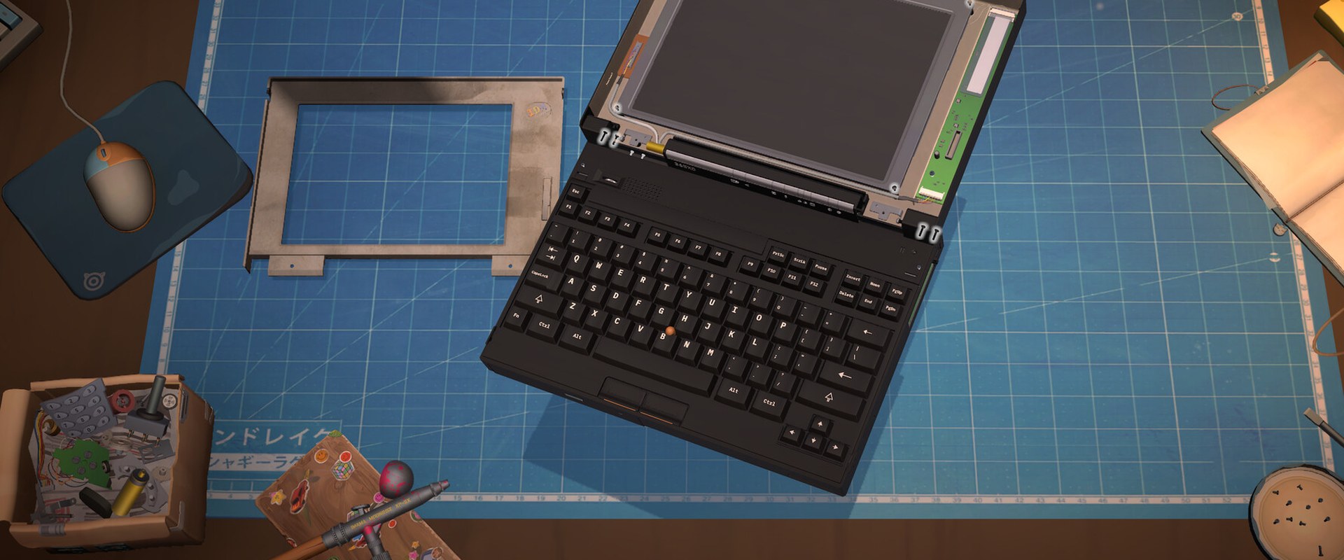 ReStory: Chill Electronics Repairs – Ein aufgeklappter Mini-Laptop wartet auf seine Reparatur