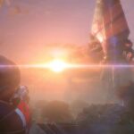 Mass Effect: Commander Shepard blickt auf die Citadel im Sonnenuntergang