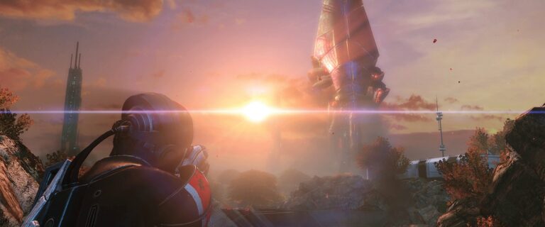 Mass Effect: Commander Shepard blickt auf die Citadel im Sonnenuntergang