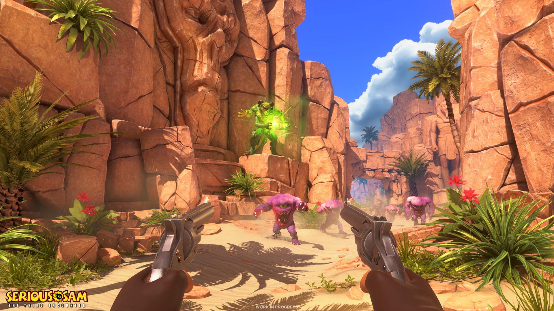 Serious Sam: The Third Encounter: Sam mit zwei Pistolen in einer Wüstenschlucht