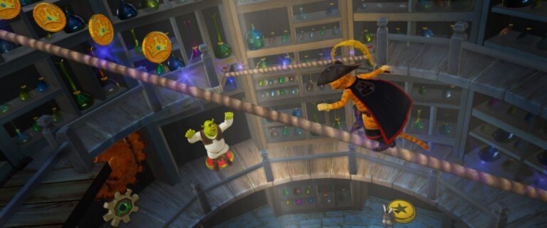Shrek 2 Remastered: Der Gestiefelte Kater balanciert über ein Seil