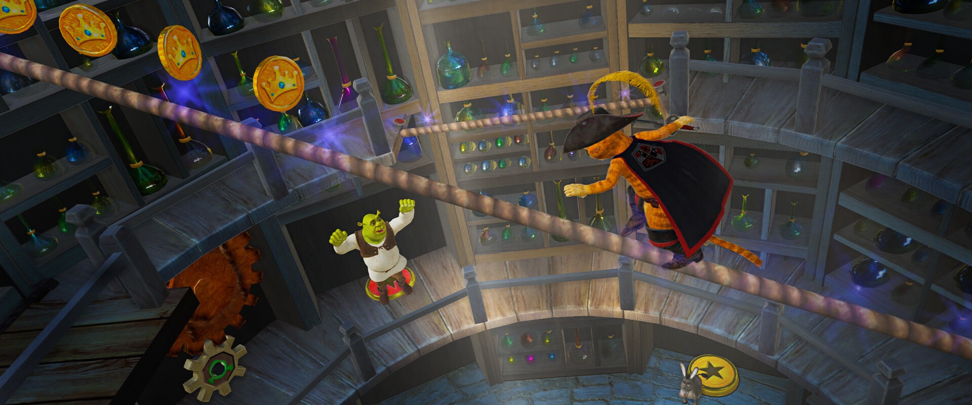 Shrek 2 Remastered: Der Gestiefelte Kater balanciert über ein Seil