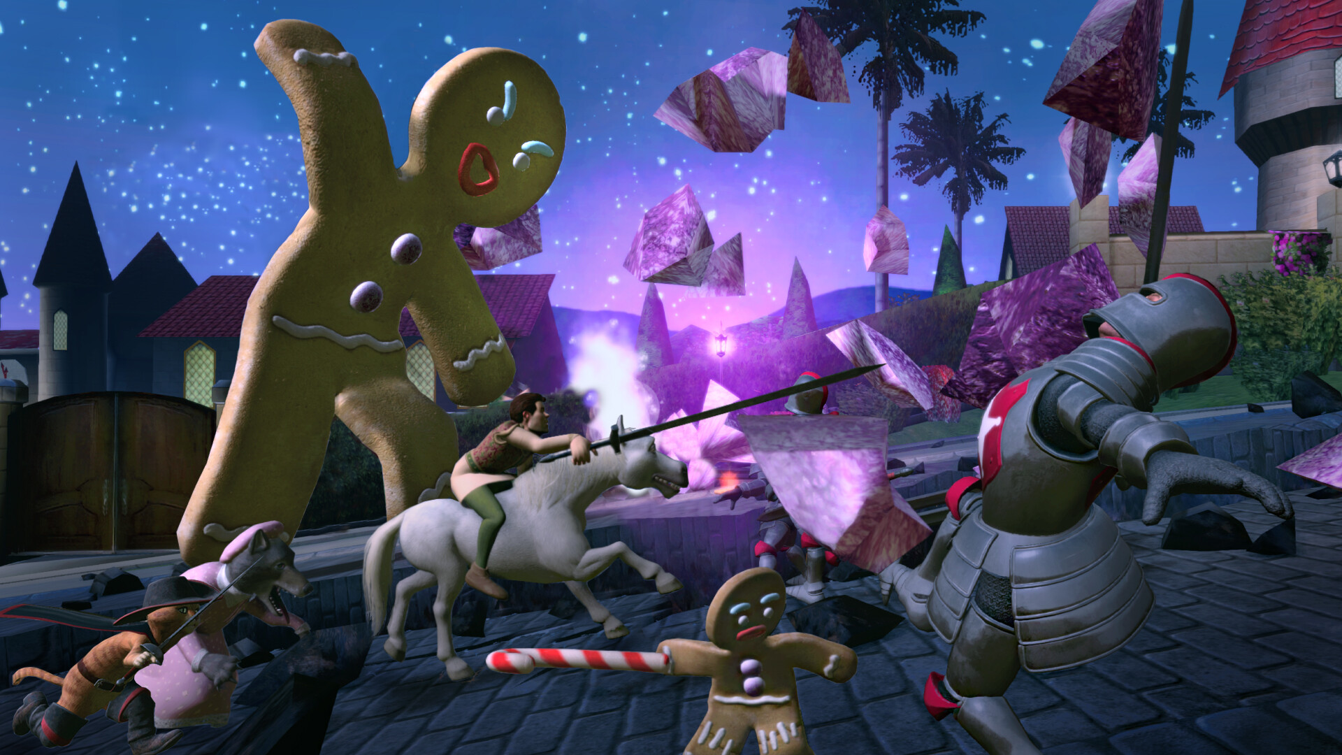 Shrek 2 Remastered: Die Helden vor dem riesigen Lebkuchenmann Mongo