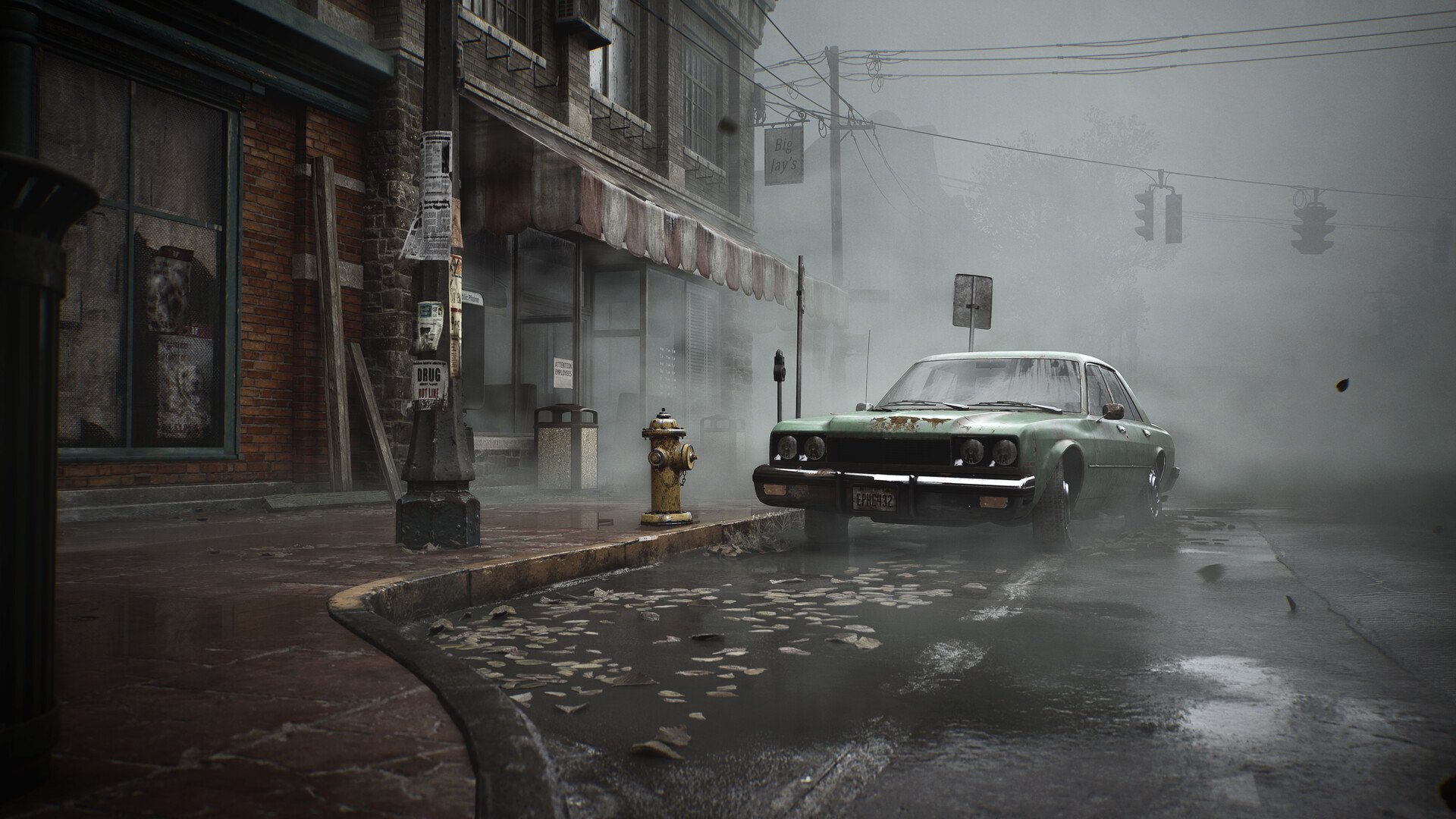 Silent Hill 2 – Verlassene Straße mit Auto im Nebel