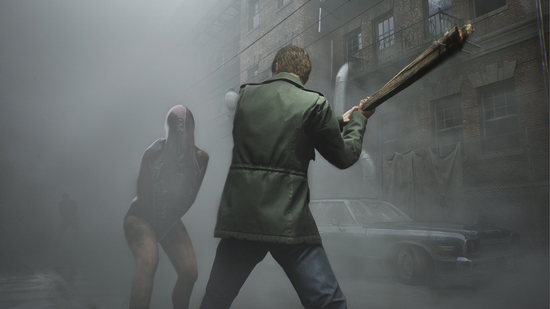 Silent Hill 2 – James schlägt mit einem Brett auf ein Monster ein