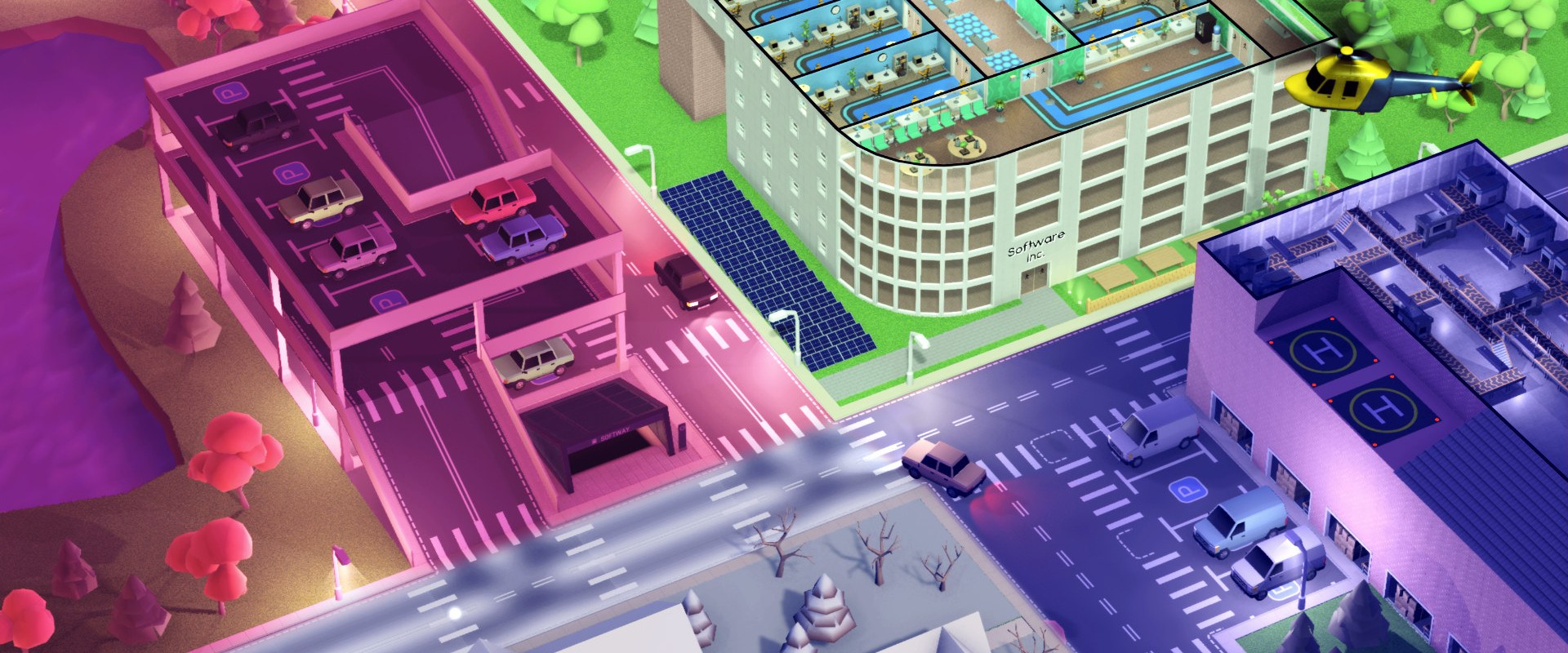 Software Inc.: Großer Firmencampus mit Parkhaus und Hubschrauber