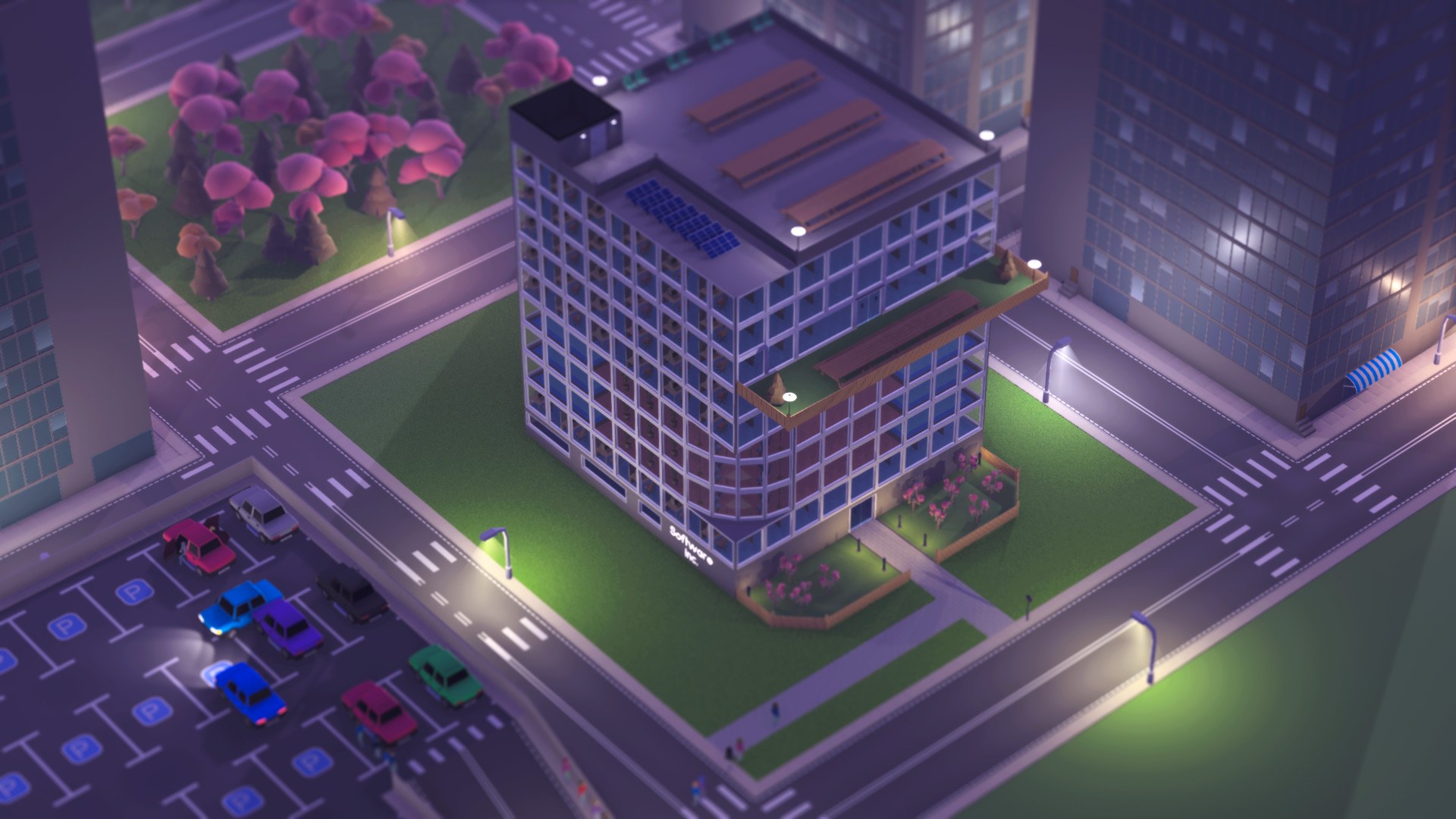 Software Inc.: Ein beleuchtetes Bürohochhaus bei Nacht