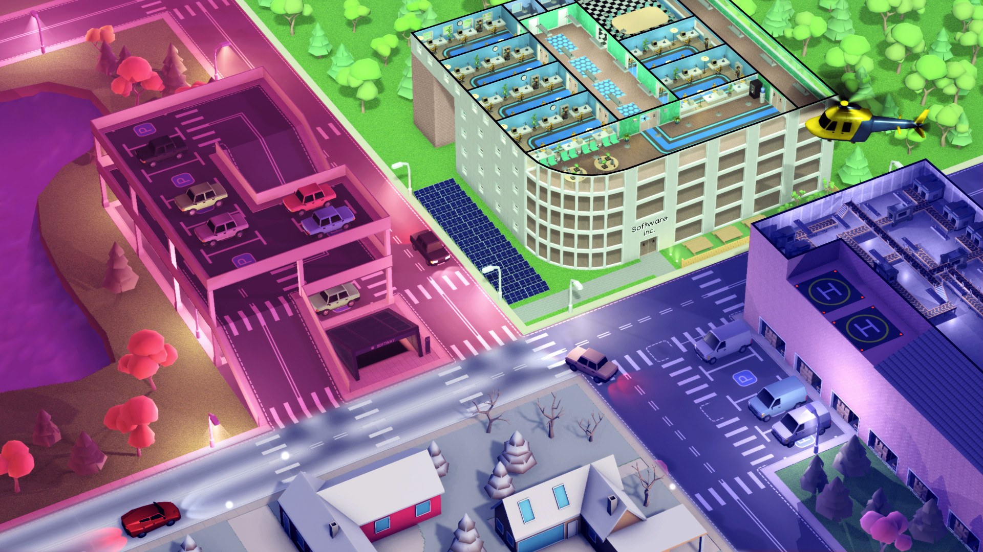 Software Inc.: Großer Firmencampus mit Parkhaus und Hubschrauber