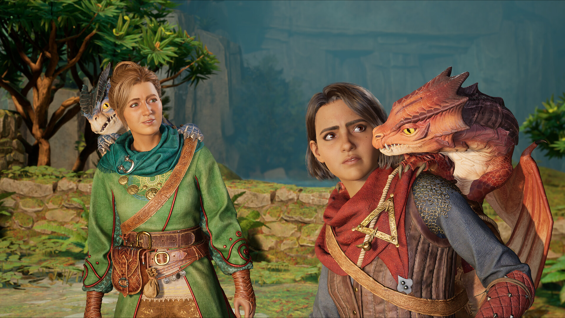 Split Fiction – Mio und Zoe mit kleinen Drachen auf den Schultern