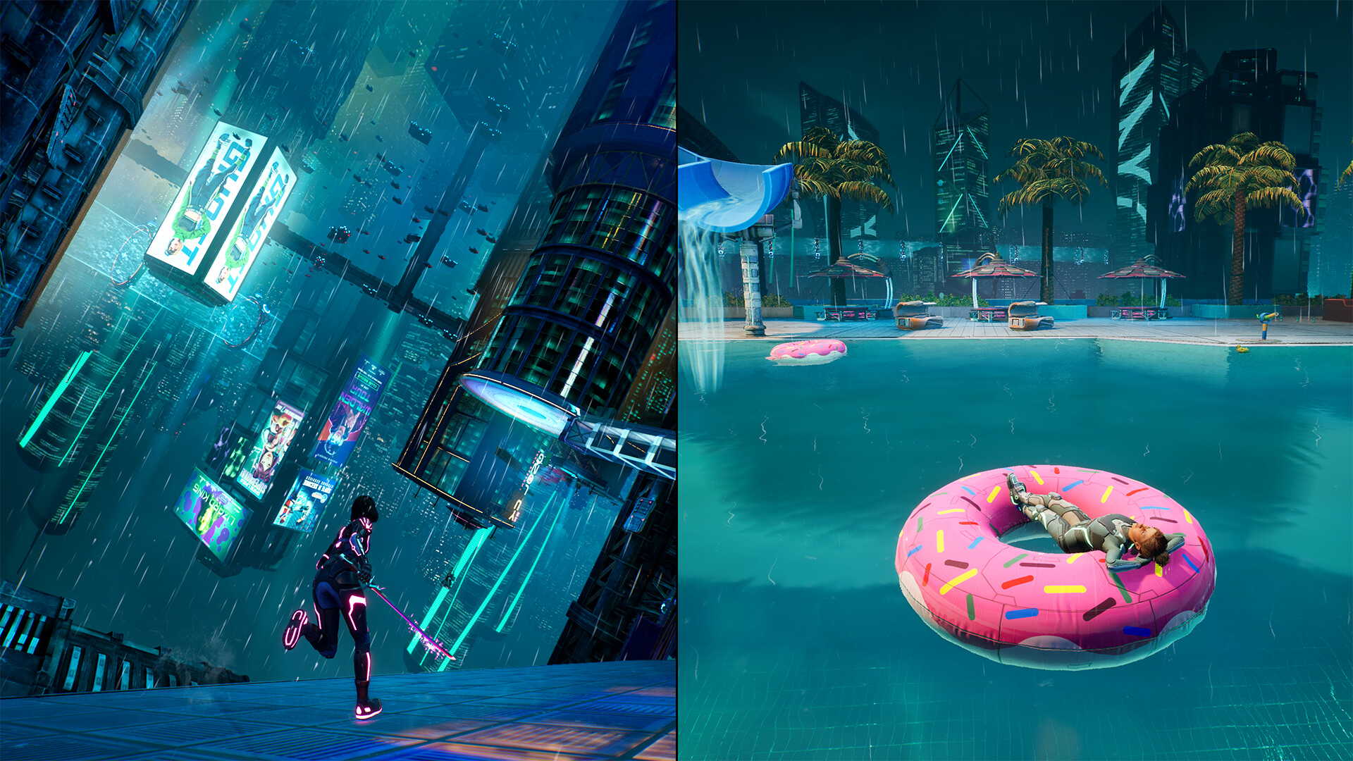 Split Fiction – Figur springt durch eine neonbeleuchtete Sci-Fi-Stadt