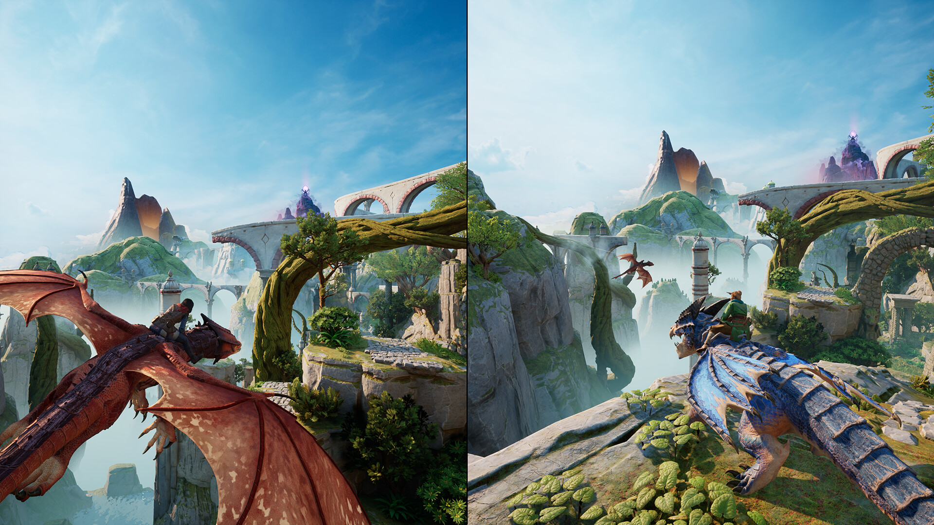 Split Fiction – Mio und Zoe fliegen auf Drachen durch eine Fantasy-Landschaft