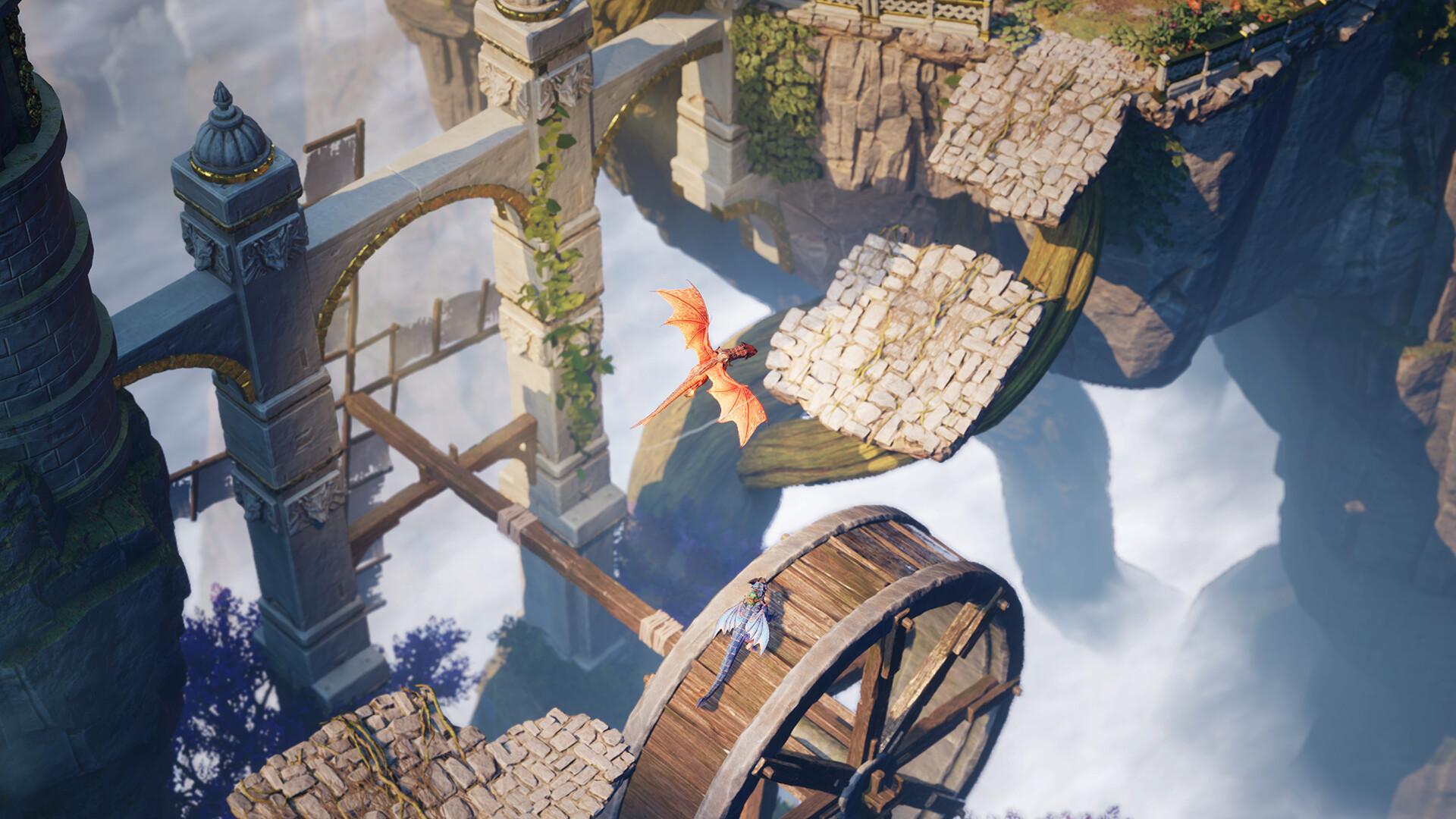 Split Fiction – Schwebende Ruinen mit Wasserrad und Drachen