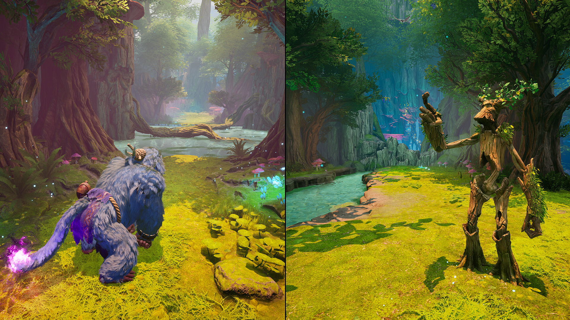 Split Fiction – Splitscreen mit Gorilla und Baumwesen in einem Wald