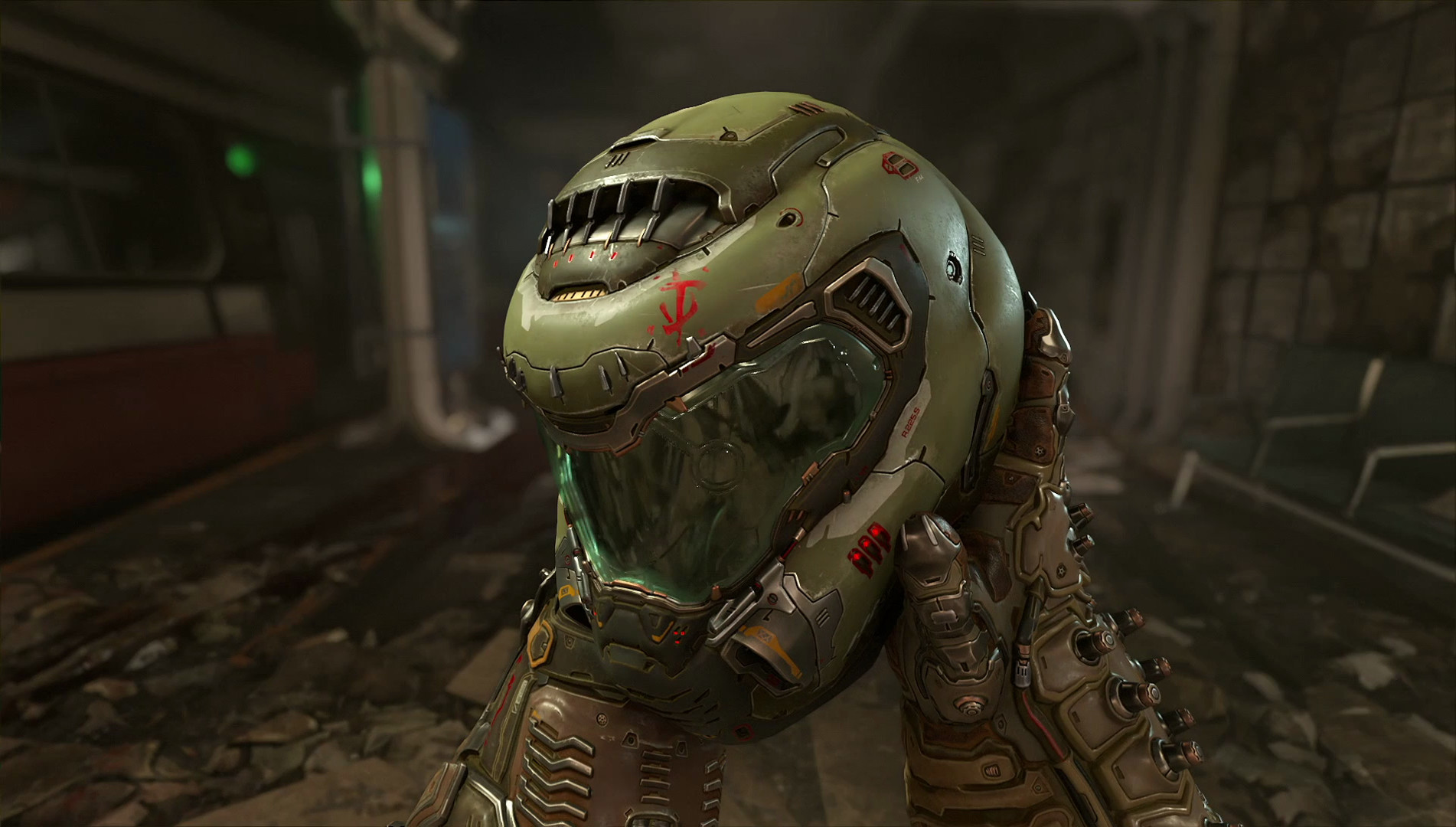 DOOM Eternal: Nahaufnahme des DOOM Slayer in seiner grünen Rüstung