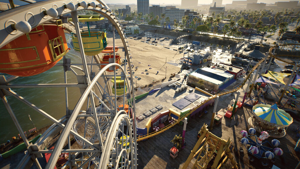 inZOI – Blick von einem Riesenrad auf Strand und Vergnügungspark