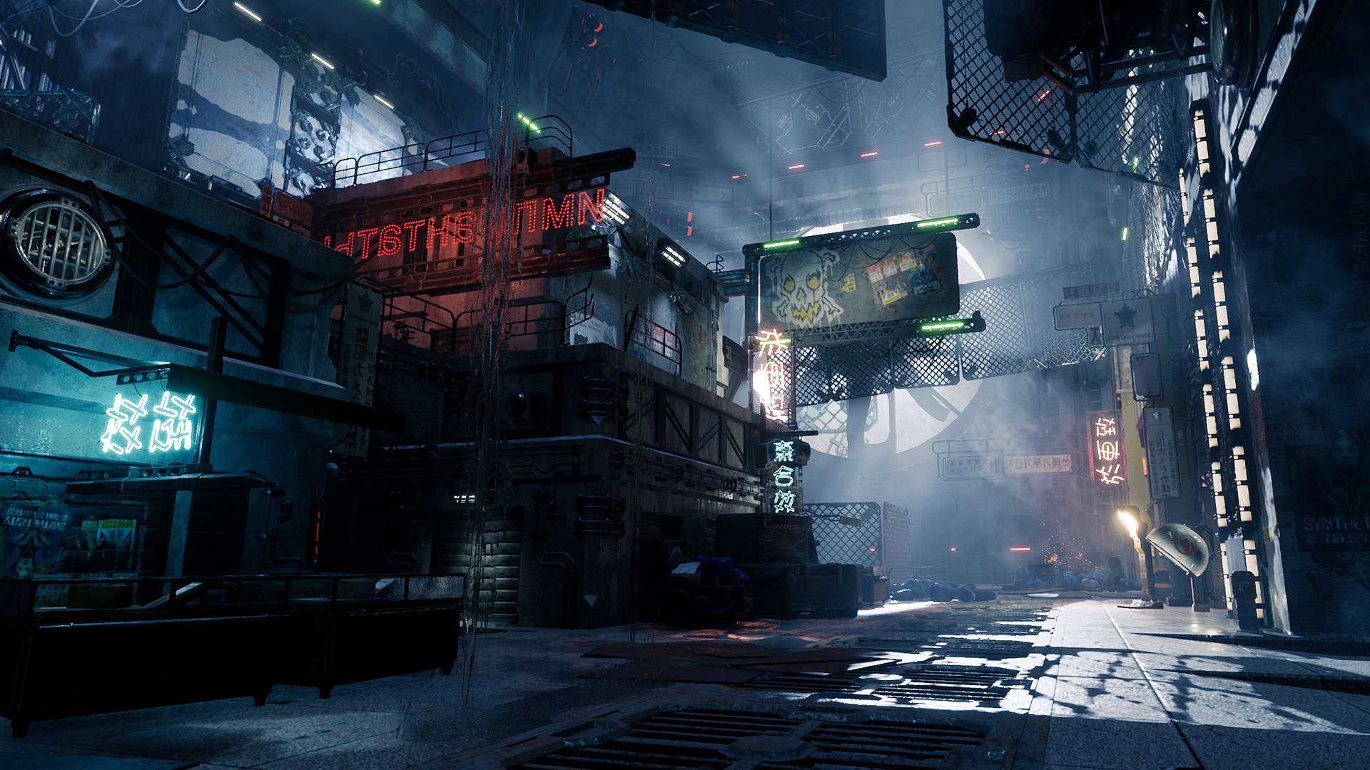 Ghostrunner: Neonbeleuchtete Cyberpunk-Gasse mit Hochhäusern
