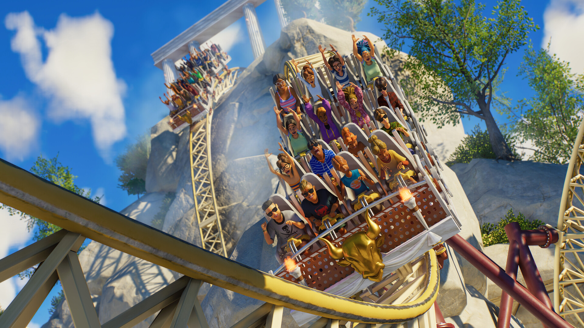 Planet Coaster 2: Fahrgäste in einem Achterbahnwagen in voller Fahrt
