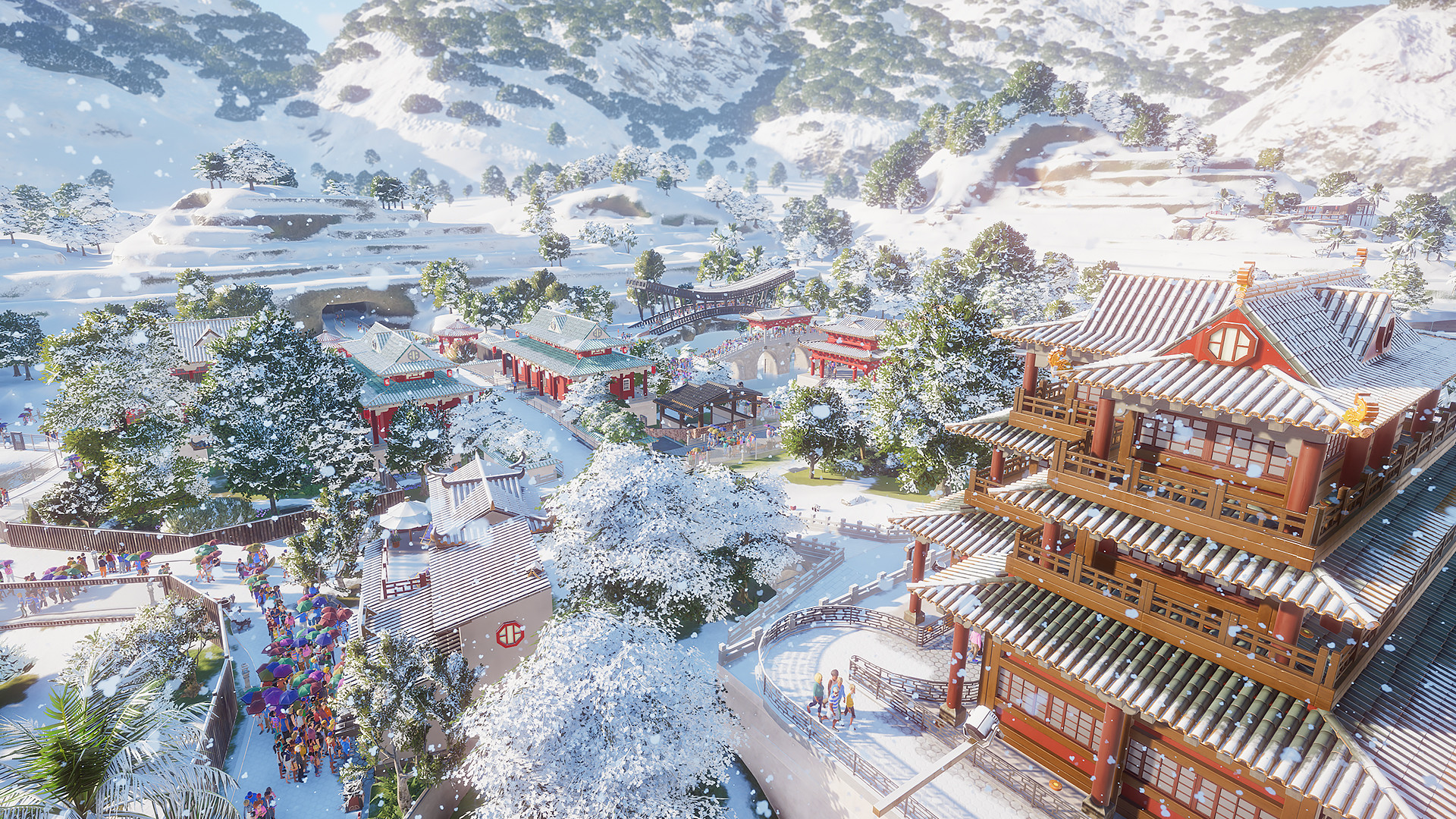 Planet Zoo: Ein verschneiter Zoo im asiatischen Stil von oben