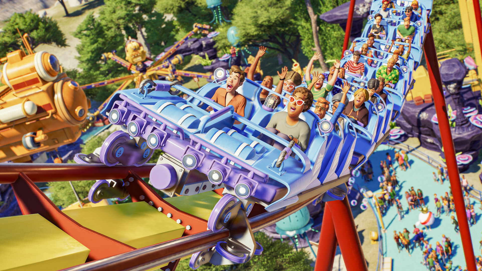 Planet Coaster 2: Fahrgäste auf einer bunten Achterbahn