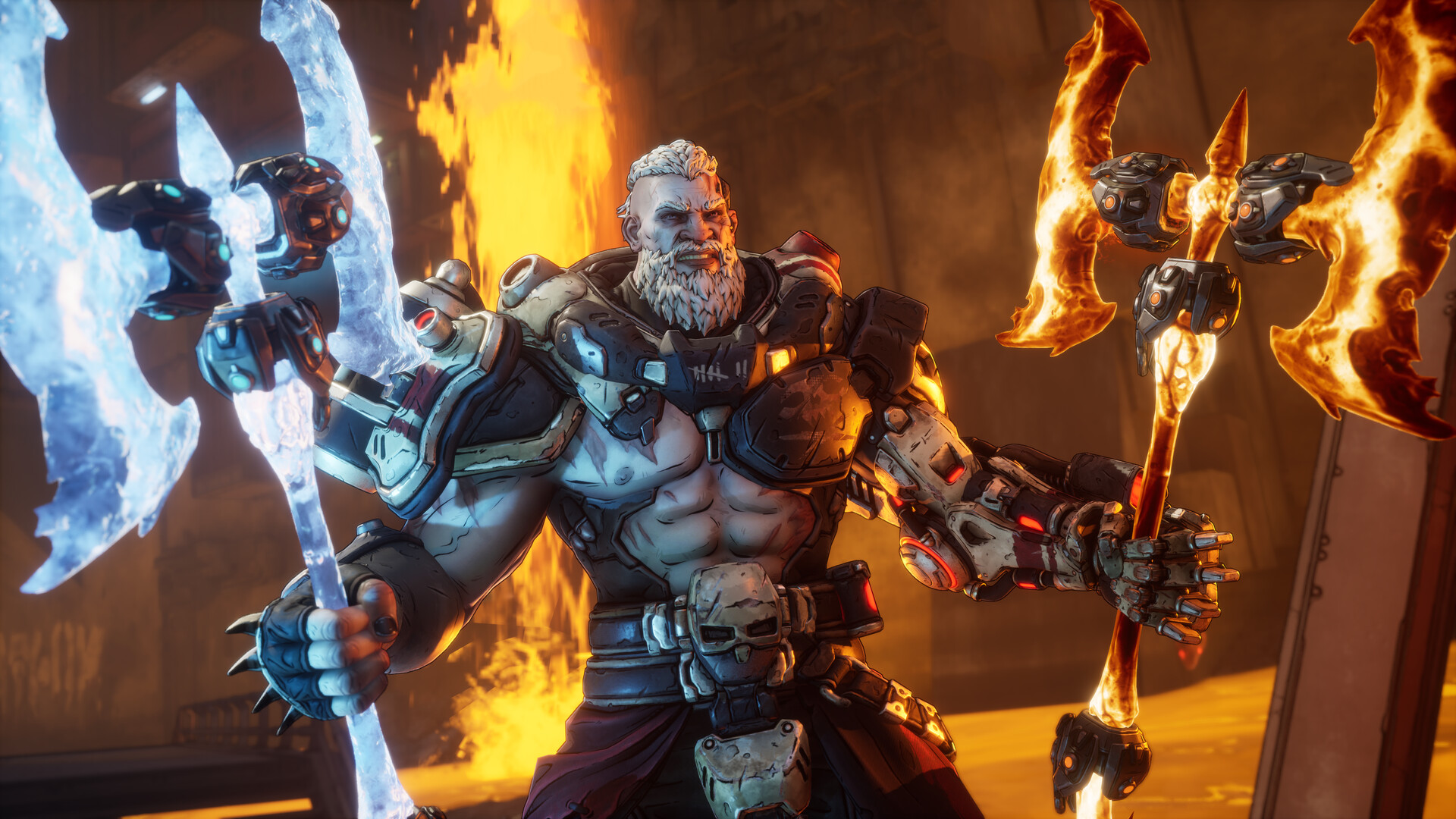 Borderlands 4: Ein Kammerjäger mit leuchtenden Äxten kämpft vor einem Feuer