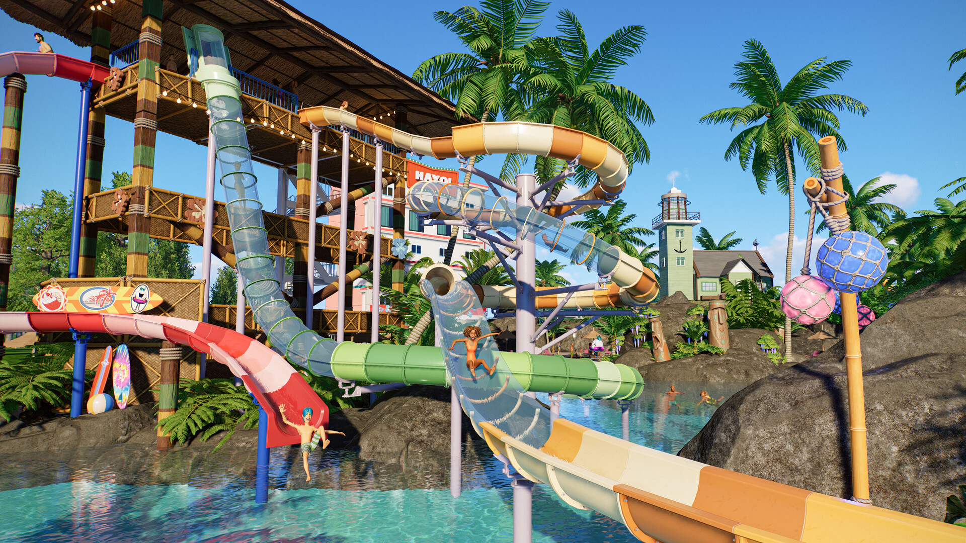 Planet Coaster 2: Wasserrutschen und Pools unter Palmen