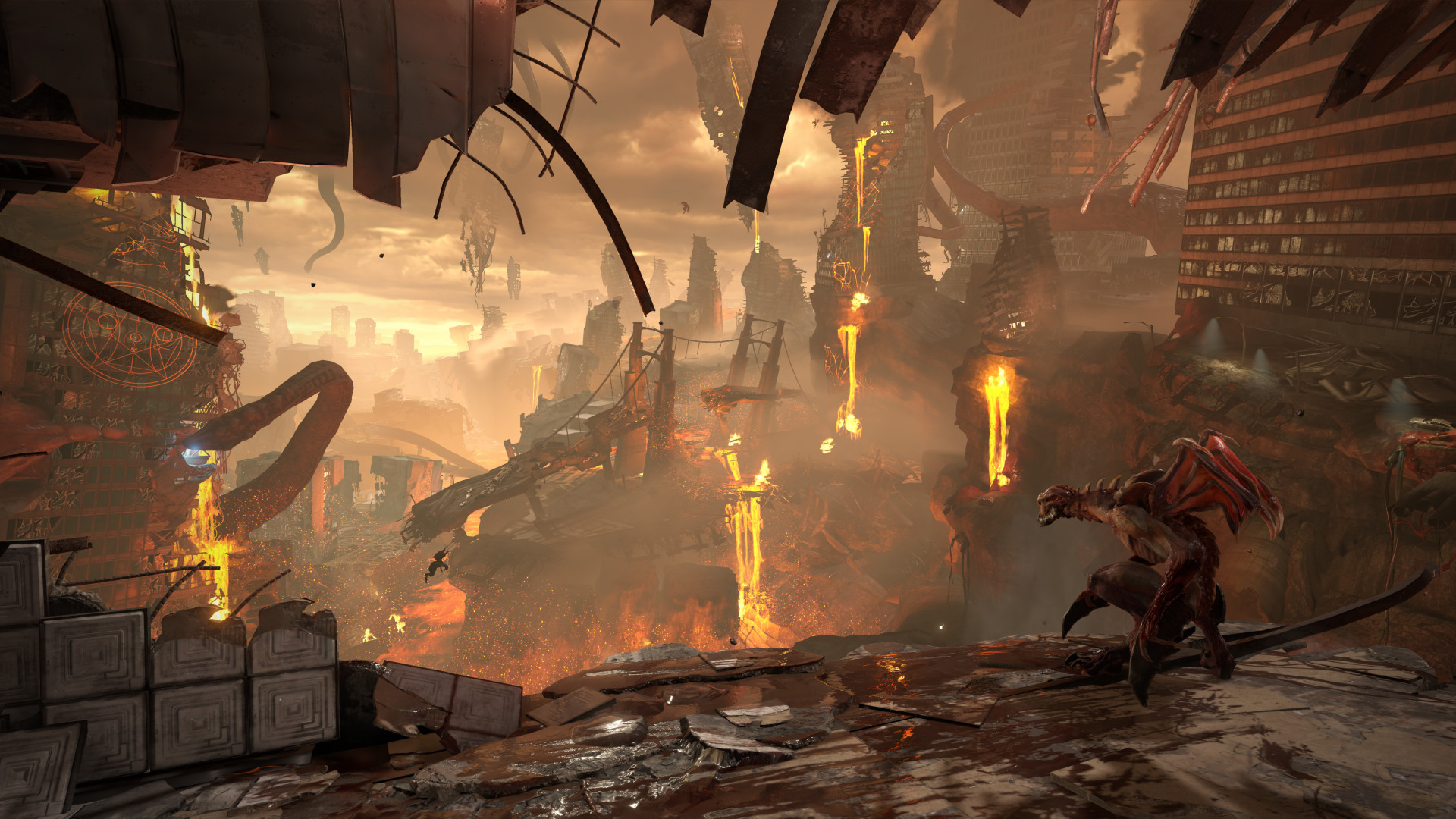 DOOM Eternal: Brennende Höllenlandschaft mit Dämonen und Ruinen