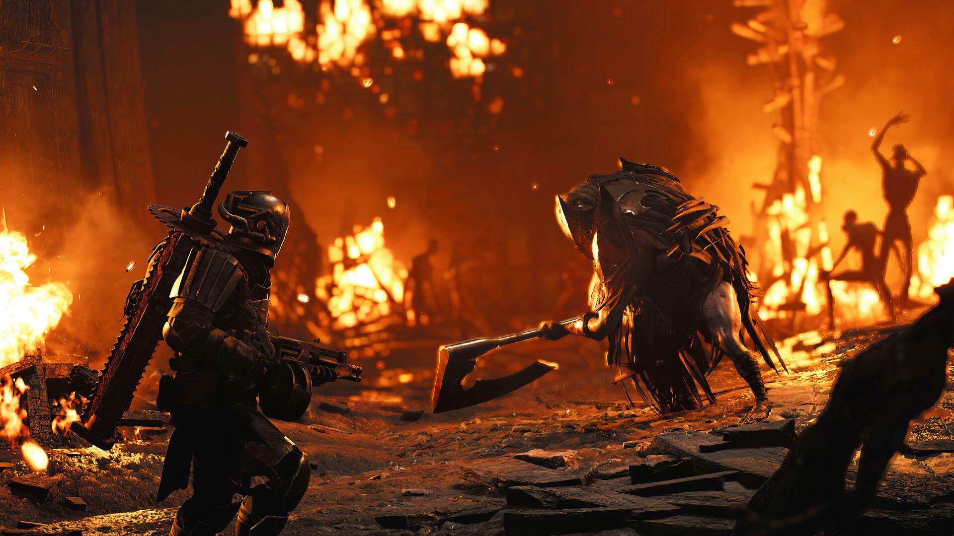 Remnant II: Ein Spieler mit Schwert vor brennenden Gegnern
