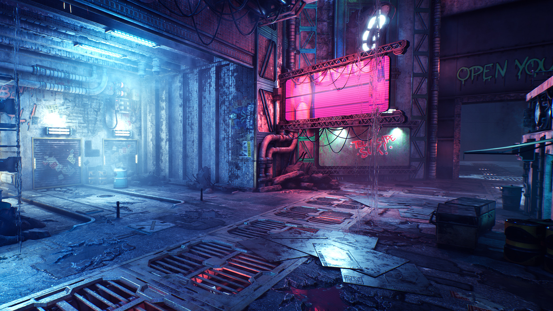 Ghostrunner: Blau beleuchtete Halle mit einem pinken Neonschild