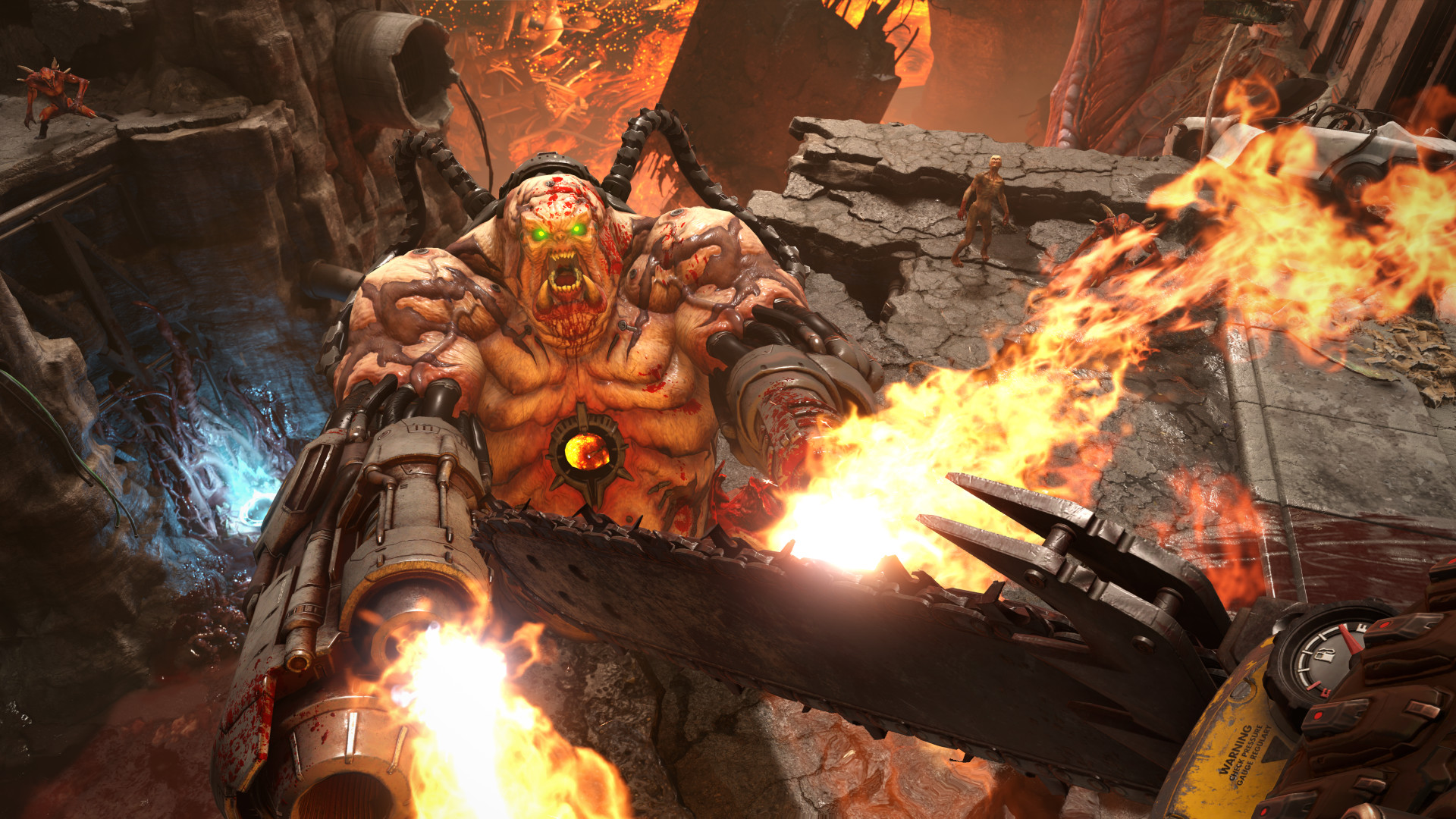DOOM Eternal: Ein Mancubus feuert Flammen auf den Spieler