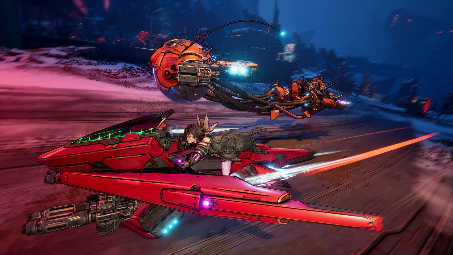 Borderlands 4: Kammerjäger rast mit einem futuristischen Fahrzeug über Kairos