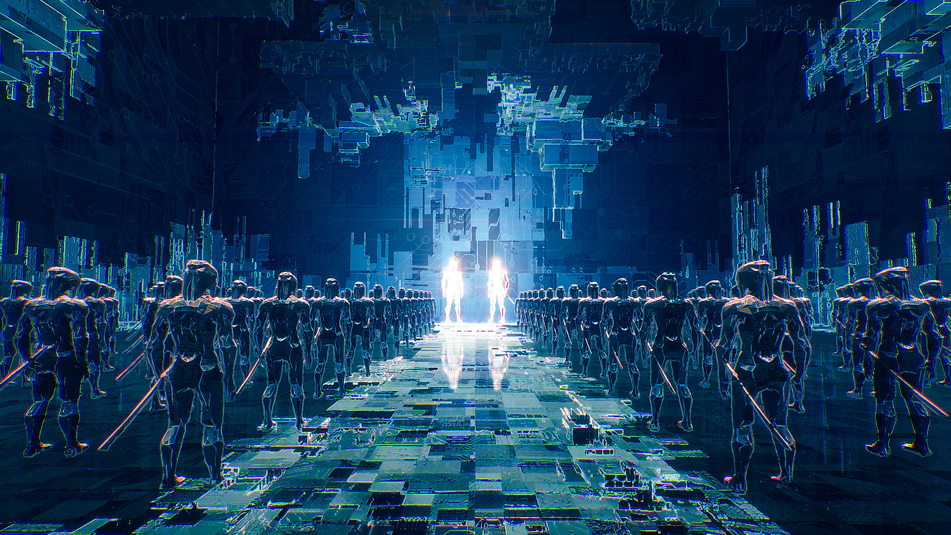 Ghostrunner: Reihen von Kriegern in einem blau leuchtenden Cyberspace