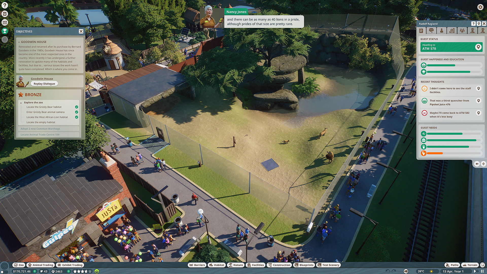 Planet Zoo: Zooplanung mit geöffneten Menüs und Gehegen von oben