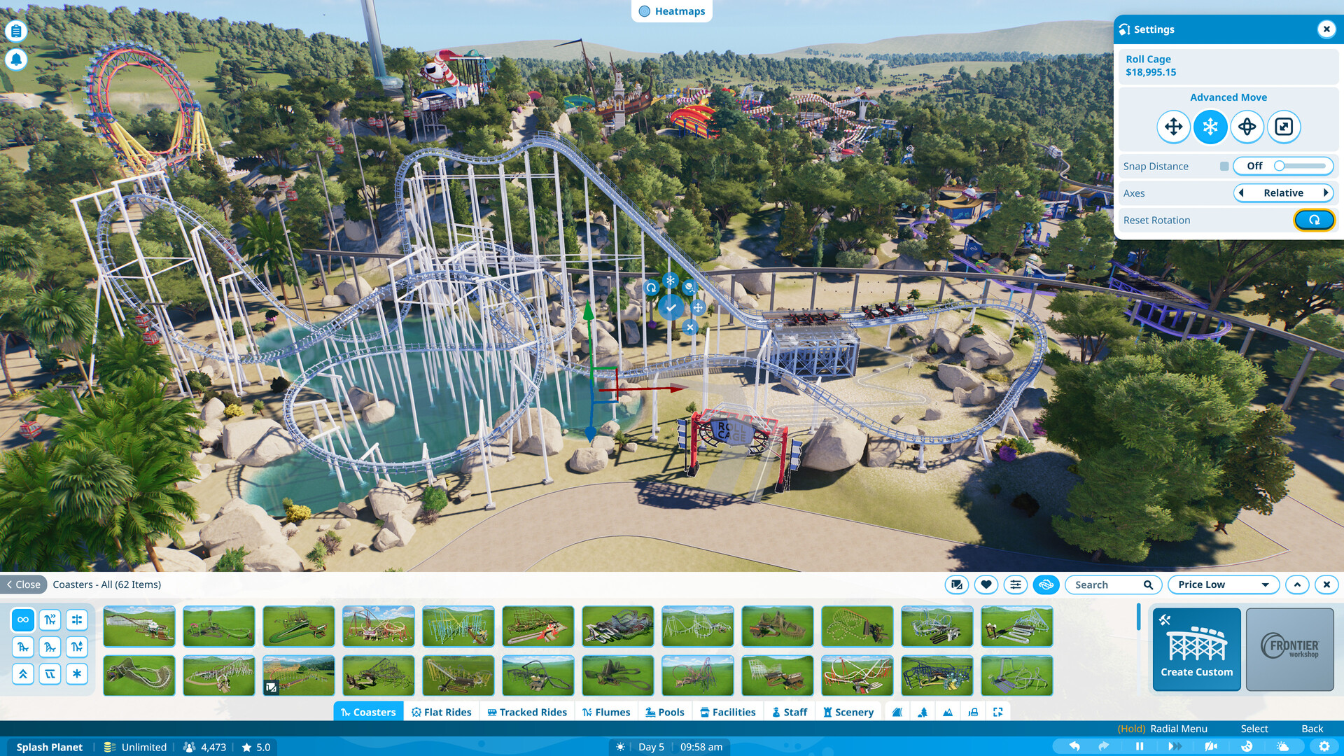 Planet Coaster 2: Achterbahnbau mit geöffnetem Bau-Menü