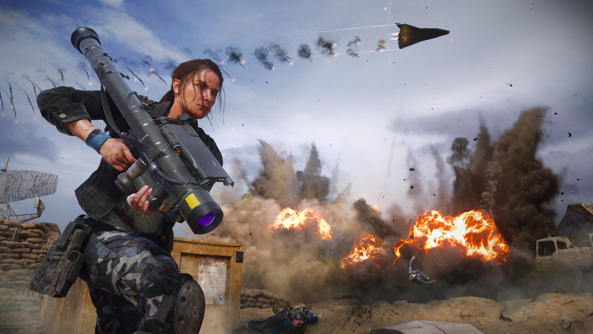 Call of Duty: Black Ops 6: Soldatin mit Raketenwerfer vor Explosionen