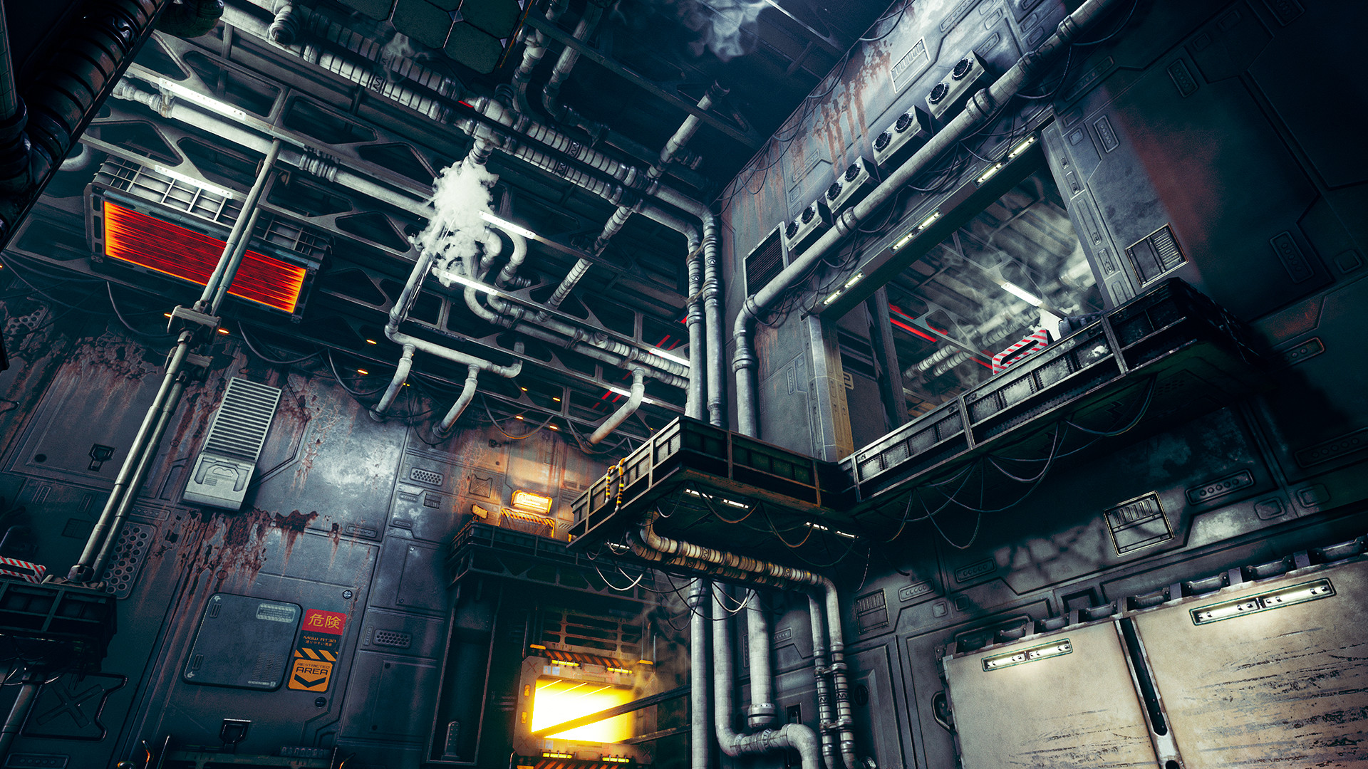 Ghostrunner: Industriehalle mit Rohren, Lüftungsschächten und einer leuchtenden Figur