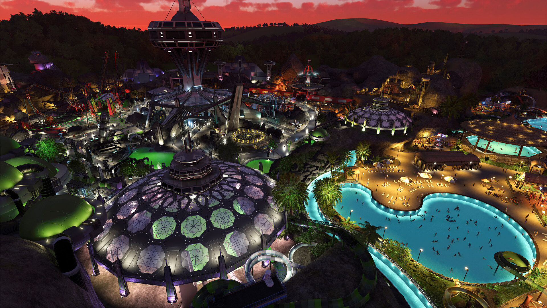 Planet Coaster 2: Ein leuchtender Park mit Pools und Kuppeln bei Nacht