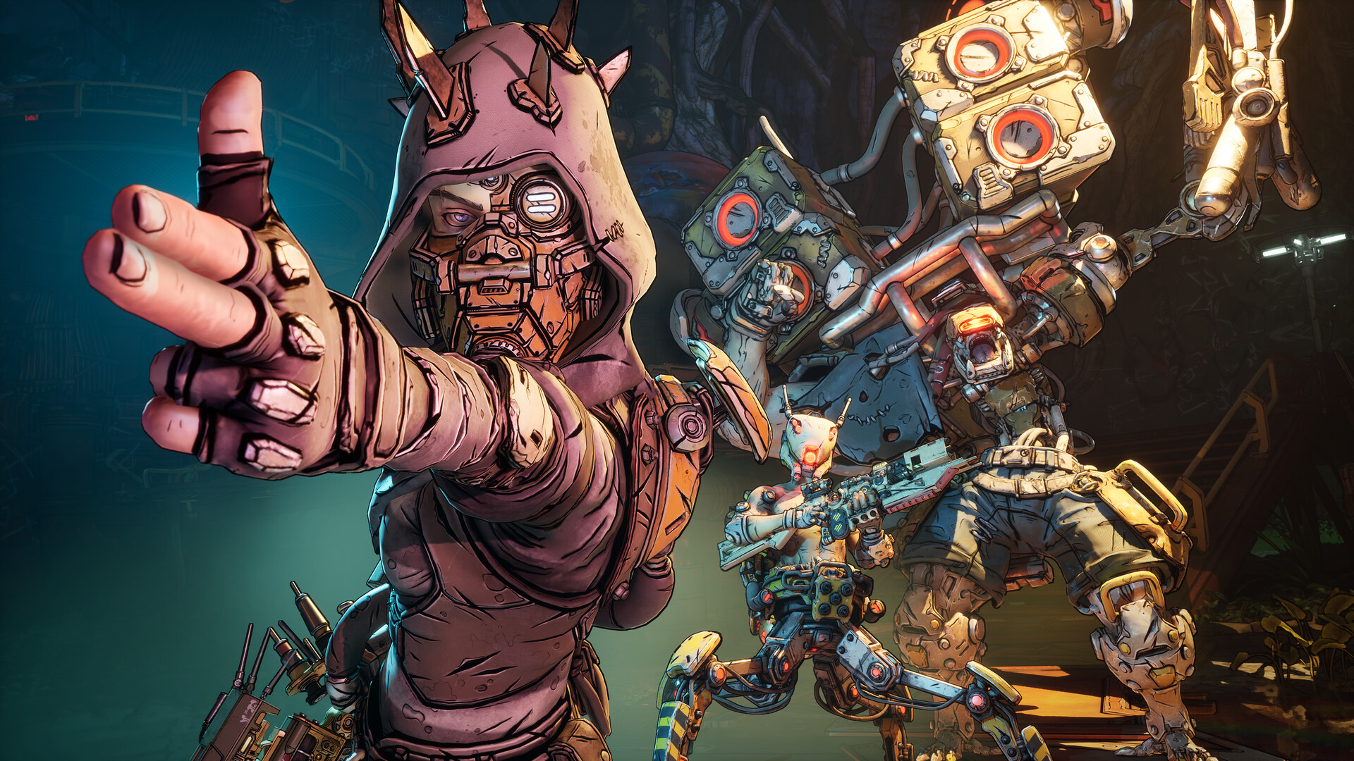 Borderlands 4: Ein Psycho mit Maske zeigt den Mittelfinger, daneben ein Roboter