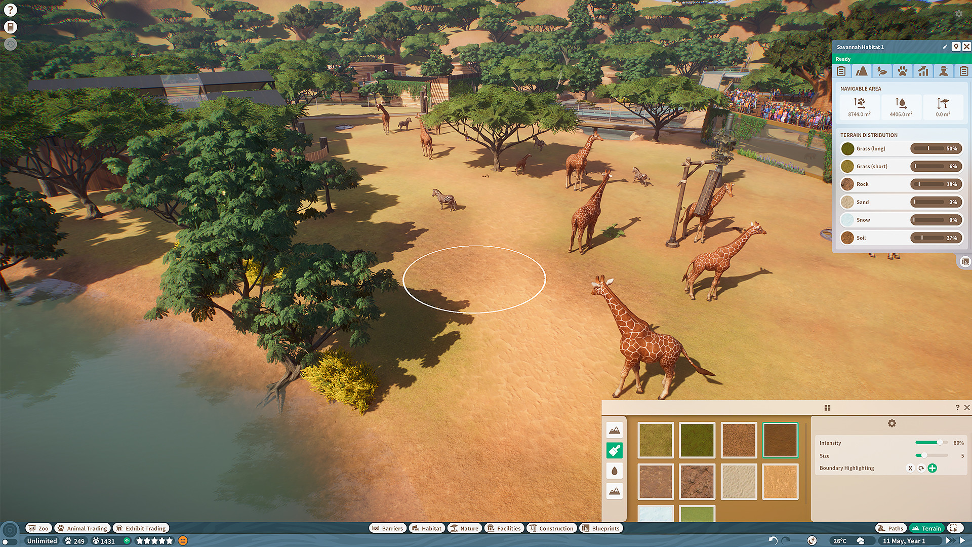 Planet Zoo: Giraffen in einem Savannengehege mit geöffnetem Menü