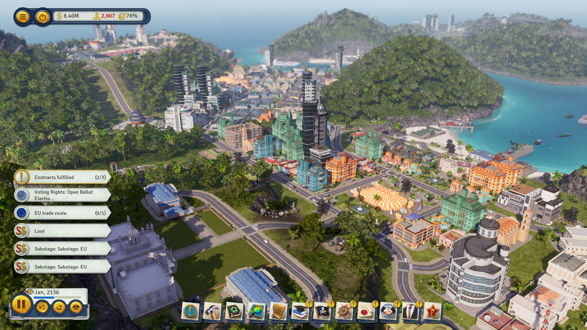 Tropico 6: Eine Stadt auf einer Insel mit geöffnetem Menü