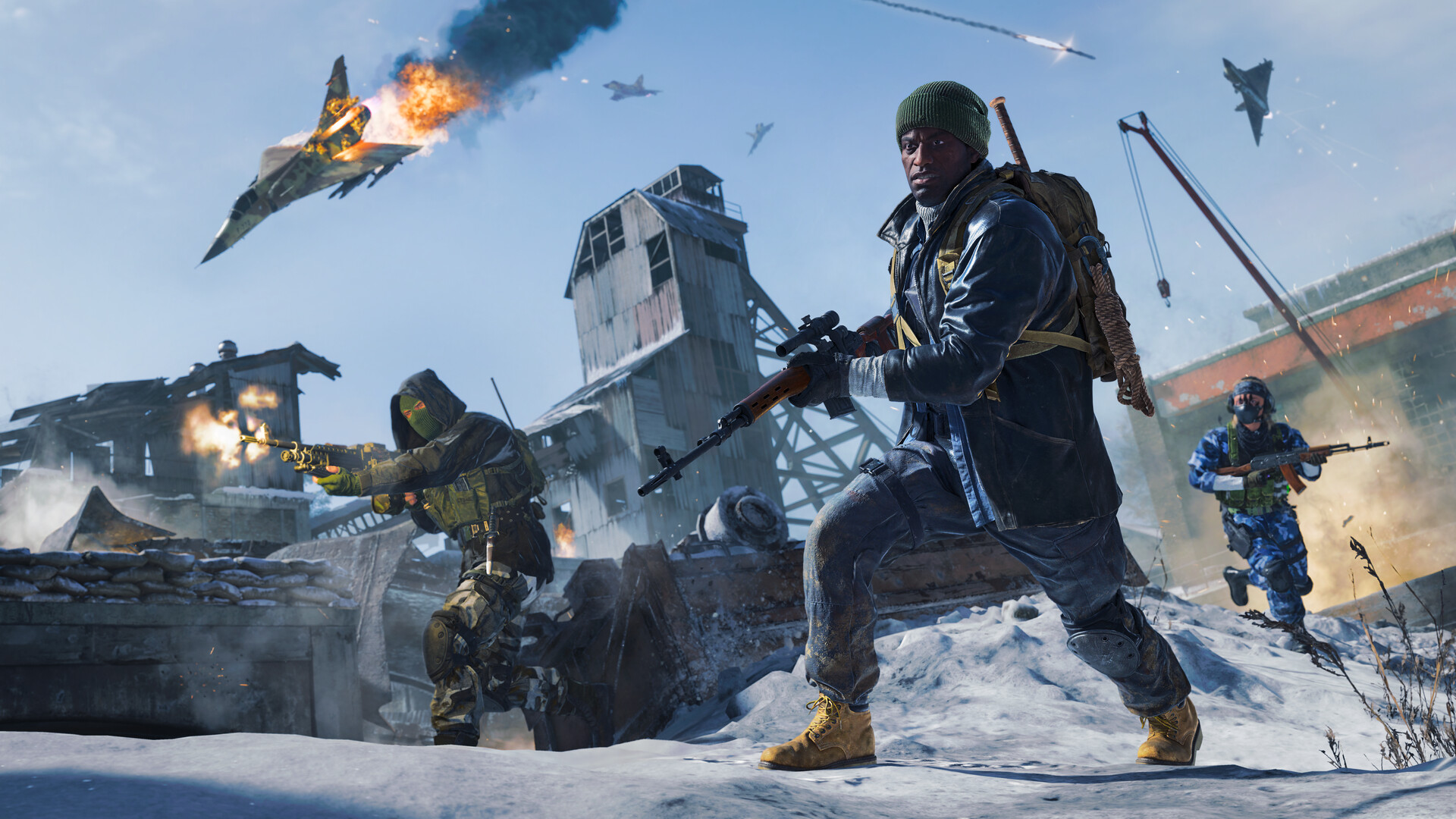 Call of Duty: Black Ops 6: Soldaten kämpfen in einer verschneiten Basis, über ihnen ein brennender Jet