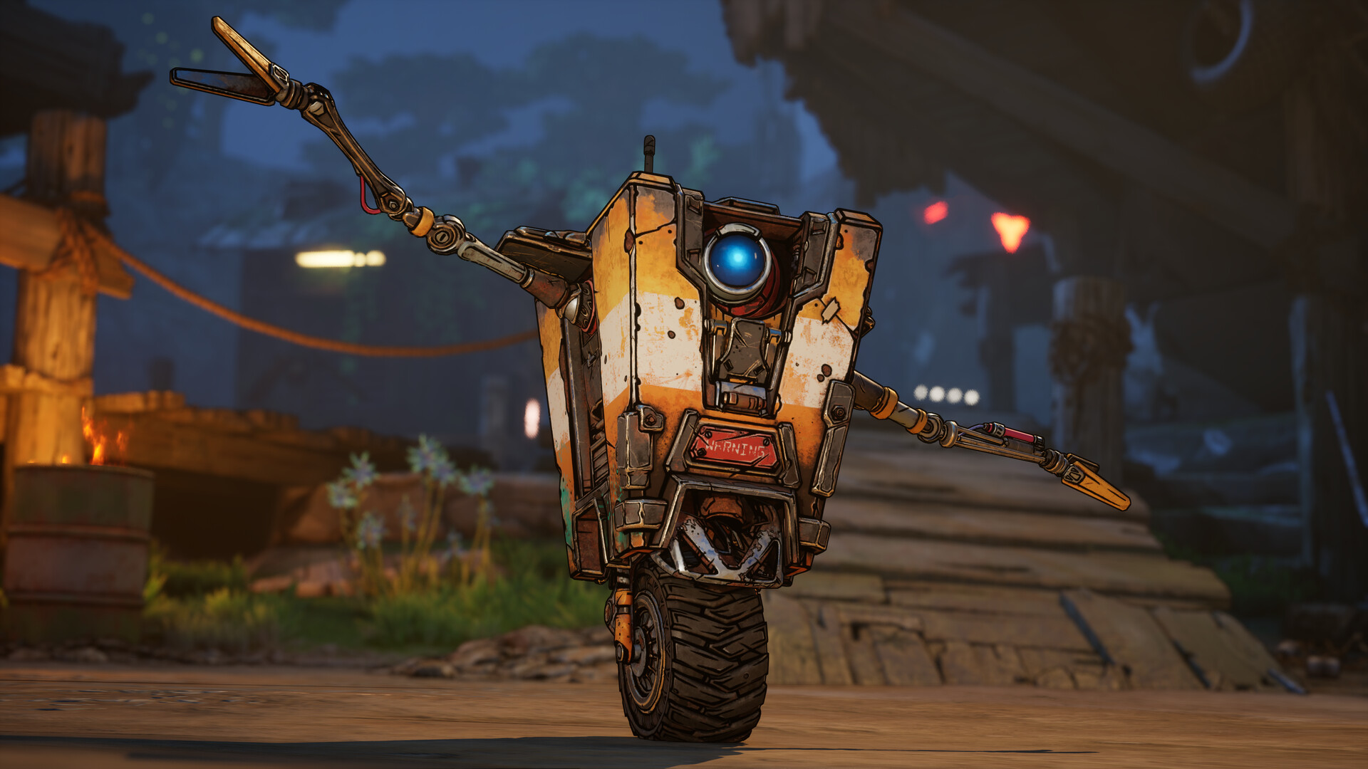 Borderlands 4: Claptrap steht auf einer Holzbrücke vor einer Siedlung