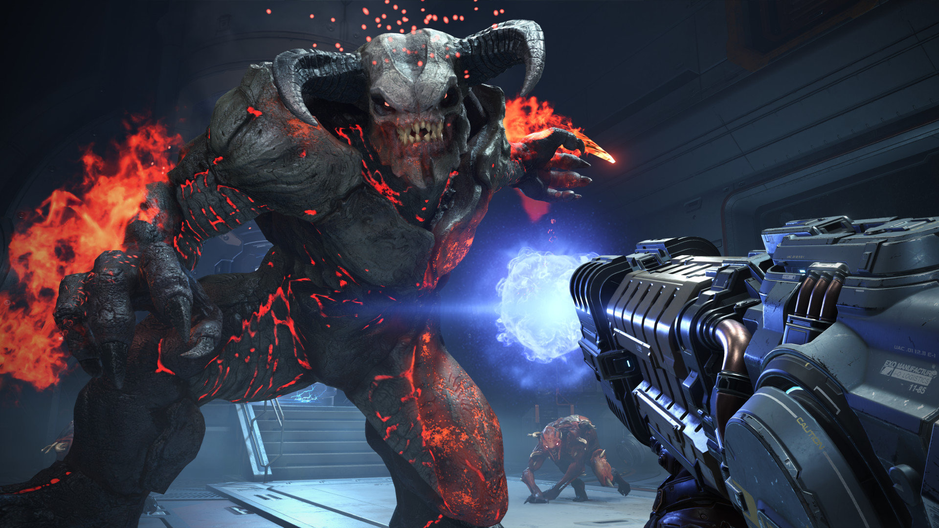DOOM Eternal: Ein Baron der Hölle stürmt auf den Spieler zu, der mit einer Plasmawaffe schießt