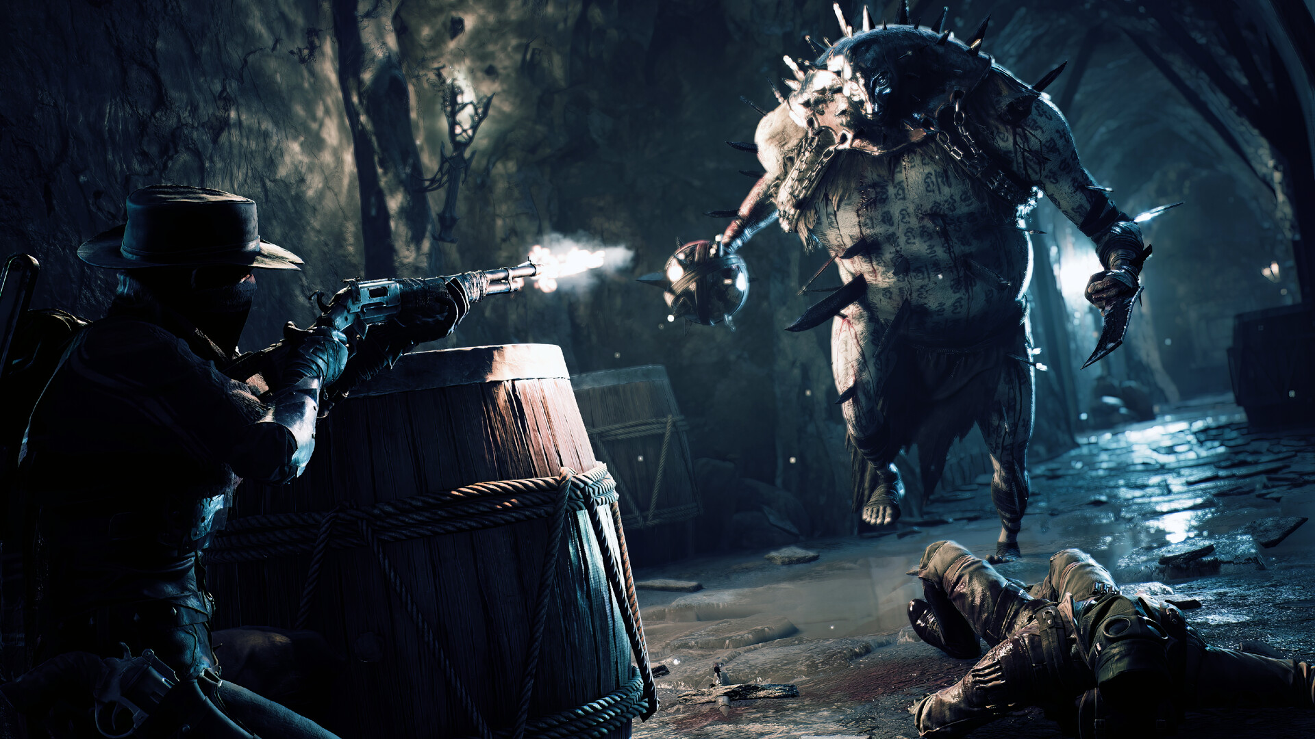 Remnant II: Ein Spieler schießt in einer dunklen Kanalisation auf ein großes Monster