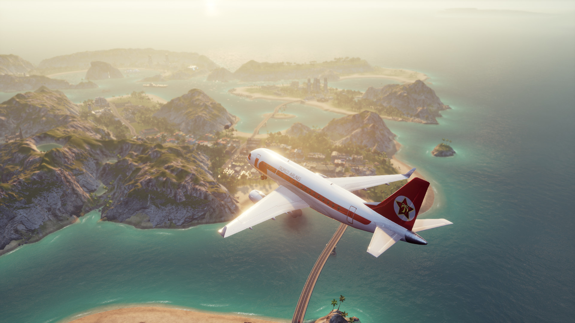 Tropico 6: Ein Passagierflugzeug fliegt über die Inseln